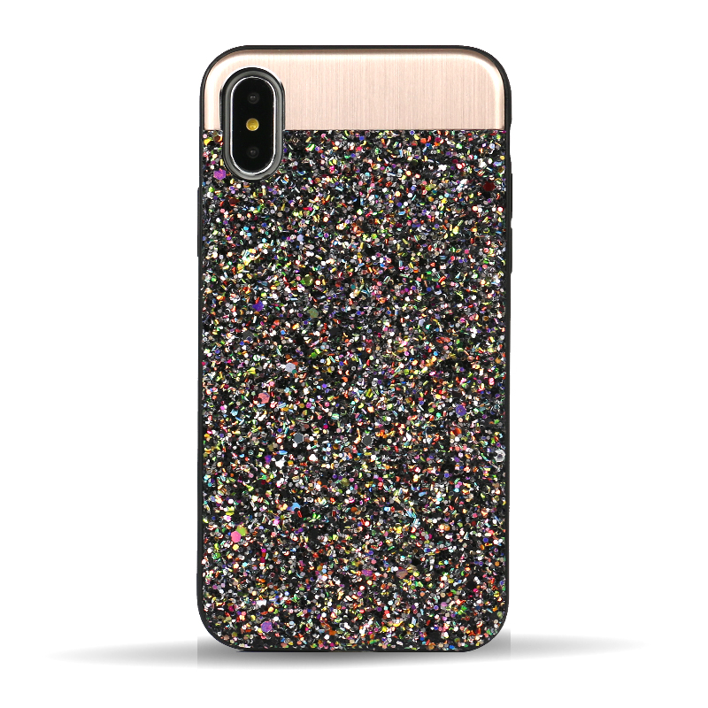 iPHONE X (Ten) Sparkling Glitter Chrome Fancy Case with Metal Plate (Black)
